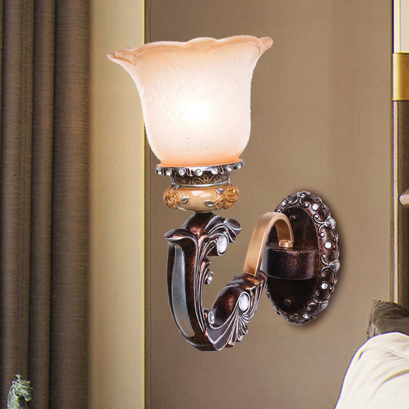 Brown 1/2-Head Wall Mounted Lamp Retro Style Pink and White Glass Floral-Shaped Wall Lighting Fixture Clearhalo 'Wall Lamps & Sconces' 'Wall Lights' Lighting' 1907349