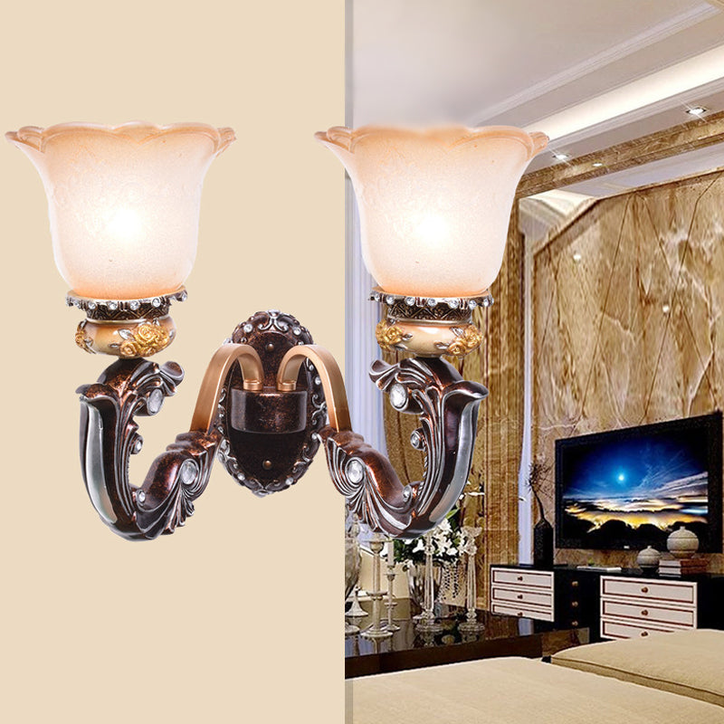 Brown 1/2-Head Wall Mounted Lamp Retro Style Pink and White Glass Floral-Shaped Wall Lighting Fixture Clearhalo 'Wall Lamps & Sconces' 'Wall Lights' Lighting' 1907354