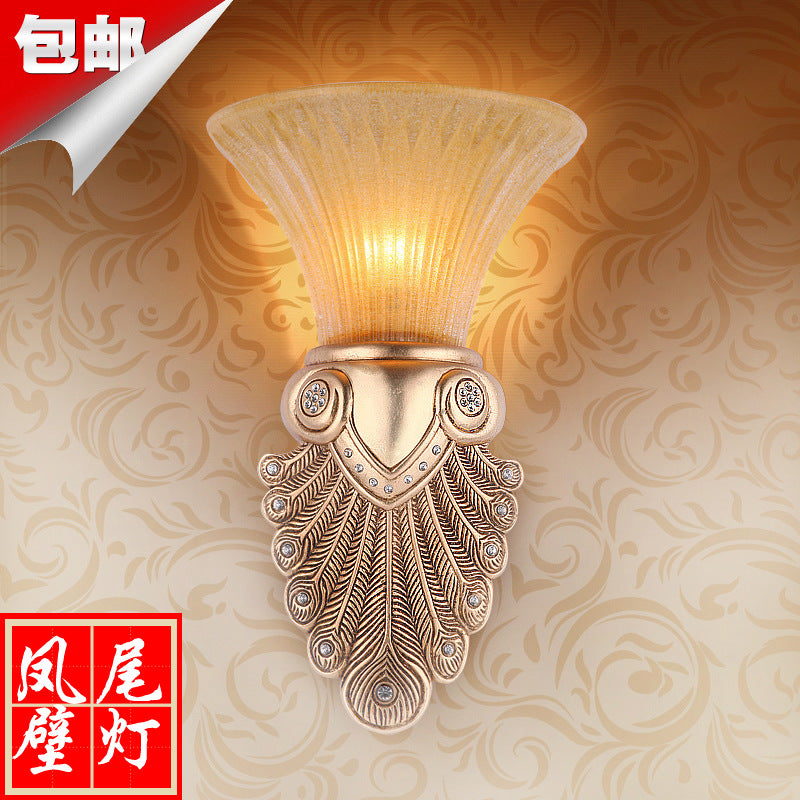 Inverted Bell Bedroom Wall Light Warehouse Opal Fluted Glass 1-Bulb Gold Wall Sconce Lighting with Peacock Feather Design, 10