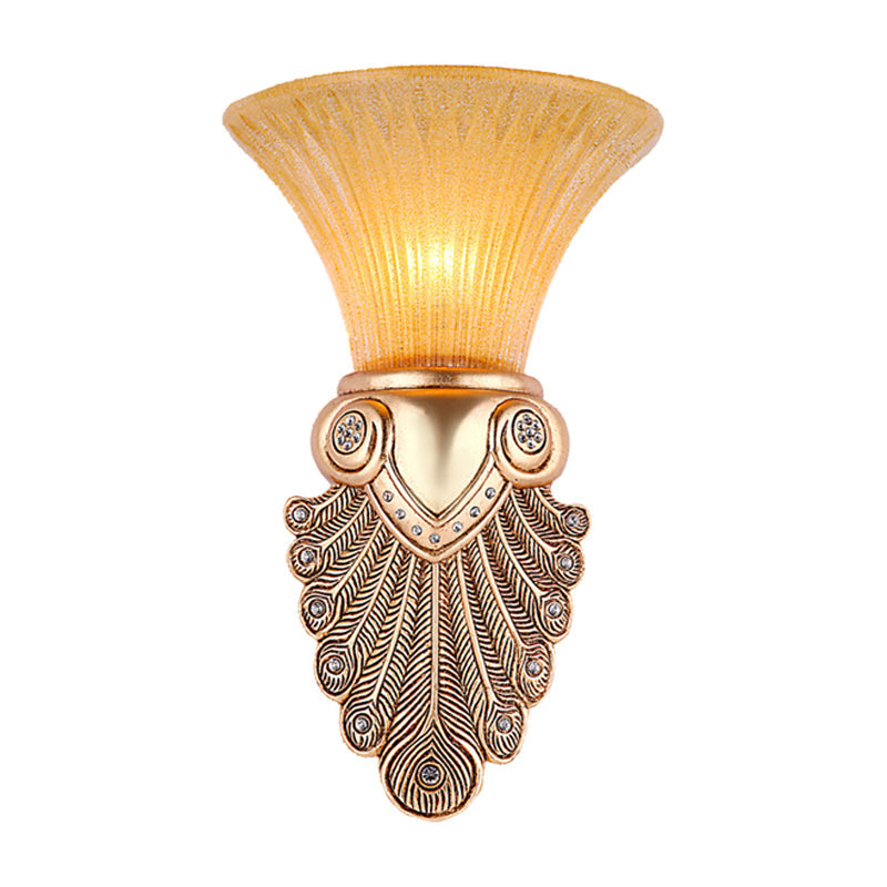 Inverted Bell Bedroom Wall Light Warehouse Opal Fluted Glass 1-Bulb Gold Wall Sconce Lighting with Peacock Feather Design, 10