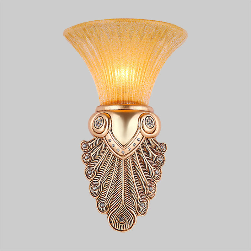 Inverted Bell Bedroom Wall Light Warehouse Opal Fluted Glass 1-Bulb Gold Wall Sconce Lighting with Peacock Feather Design, 10