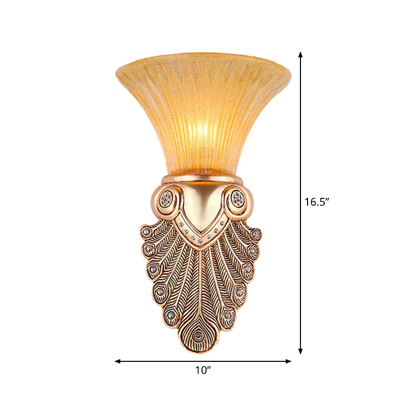 Inverted Bell Bedroom Wall Light Warehouse Opal Fluted Glass 1-Bulb Gold Wall Sconce Lighting with Peacock Feather Design, 10