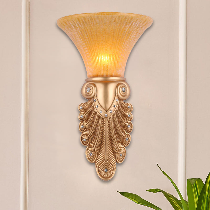 Inverted Bell Bedroom Wall Light Warehouse Opal Fluted Glass 1-Bulb Gold Wall Sconce Lighting with Peacock Feather Design, 10