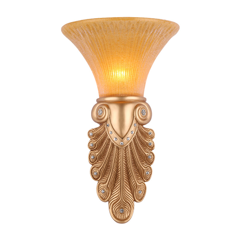 Inverted Bell Bedroom Wall Light Warehouse Opal Fluted Glass 1-Bulb Gold Wall Sconce Lighting with Peacock Feather Design, 10