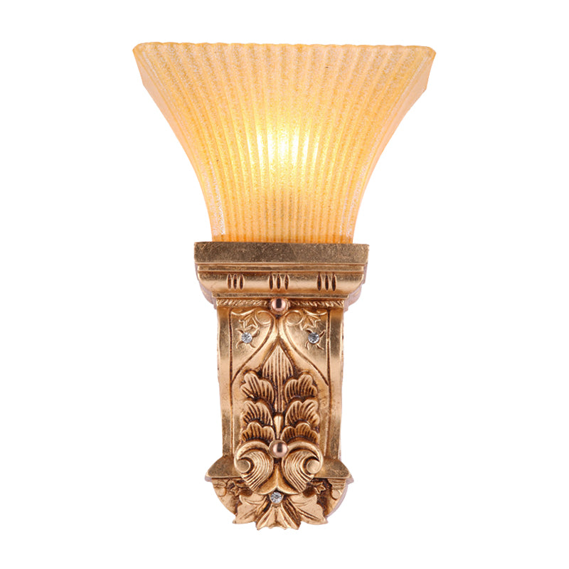 Gold 1-Head Wall Mount Lamp Loft Style Amber Fluted Glass Trapezoid Wall Lighting Fixture Clearhalo 'Wall Lamps & Sconces' 'Wall Lights' Lighting' 1907401