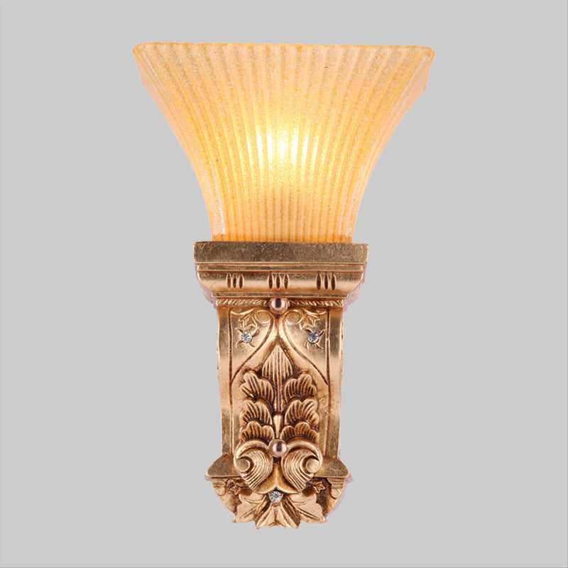 Gold 1-Head Wall Mount Lamp Loft Style Amber Fluted Glass Trapezoid Wall Lighting Fixture Clearhalo 'Wall Lamps & Sconces' 'Wall Lights' Lighting' 1907402