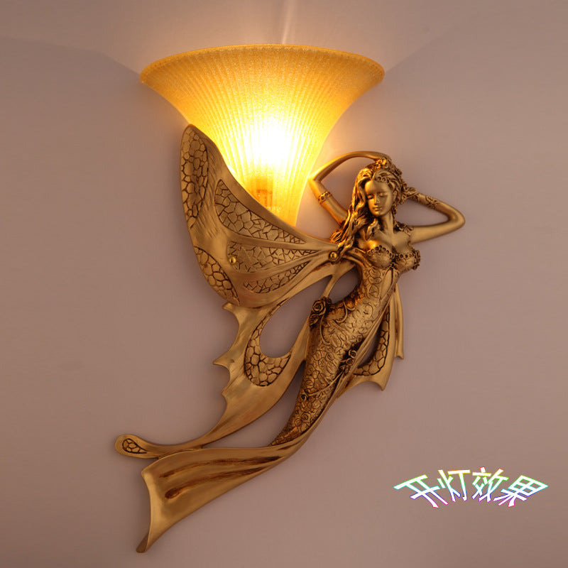 Resin Gold Wall Sconce Mermaid 1-Light Rustic Style Wall Mounted Lamp with Cone Ribbed Glass Shade Gold Clearhalo 'Wall Lamps & Sconces' 'Wall Lights' Lighting' 1907404