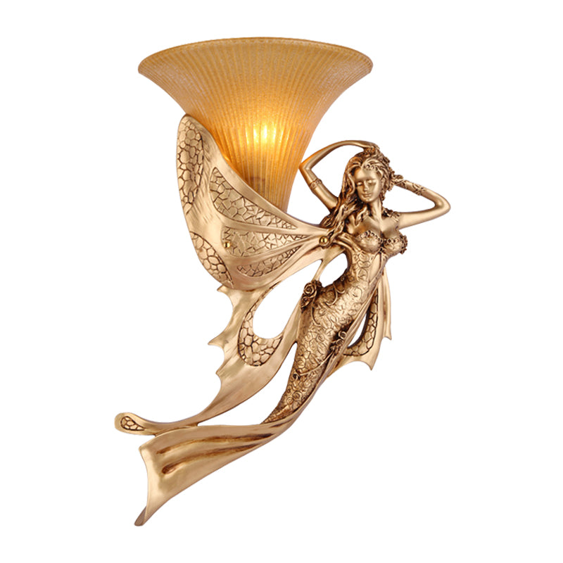 Resin Gold Wall Sconce Mermaid 1-Light Rustic Style Wall Mounted Lamp with Cone Ribbed Glass Shade Clearhalo 'Wall Lamps & Sconces' 'Wall Lights' Lighting' 1907406