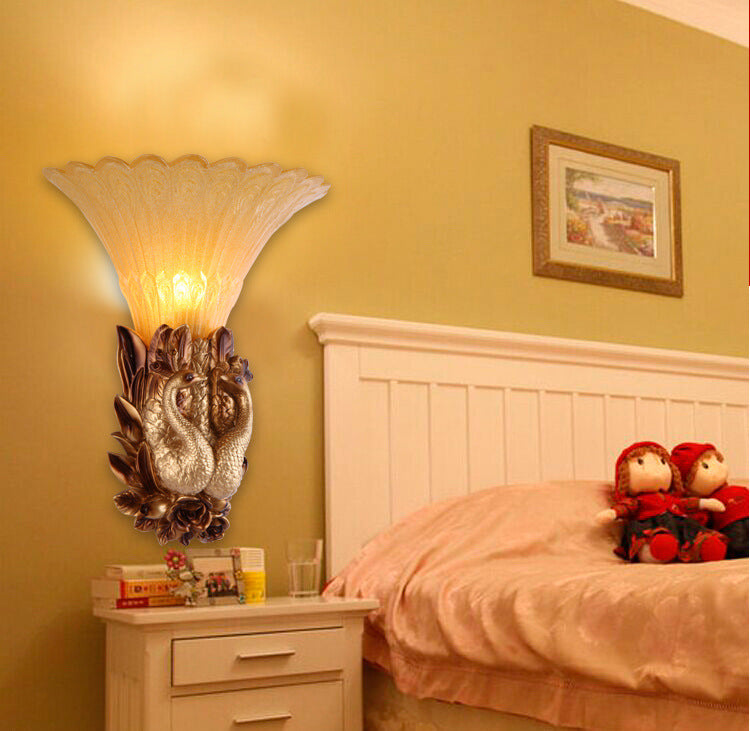 Peacock Bedroom Wall Sconce Light Vintage Resin Single Head Gold Wall Lighting Fixture with Ribbed Amber Glass Shade Clearhalo 'Wall Lamps & Sconces' 'Wall Lights' Lighting' 1907421