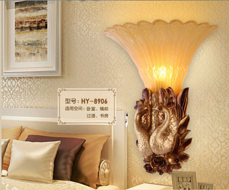 Peacock Bedroom Wall Sconce Light Vintage Resin Single Head Gold Wall Lighting Fixture with Ribbed Amber Glass Shade Gold Clearhalo 'Wall Lamps & Sconces' 'Wall Lights' Lighting' 1907423