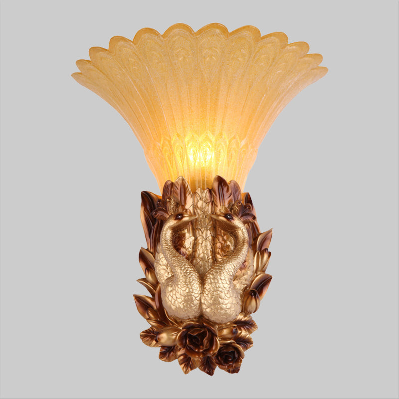 Peacock Bedroom Wall Sconce Light Vintage Resin Single Head Gold Wall Lighting Fixture with Ribbed Amber Glass Shade Clearhalo 'Wall Lamps & Sconces' 'Wall Lights' Lighting' 1907425