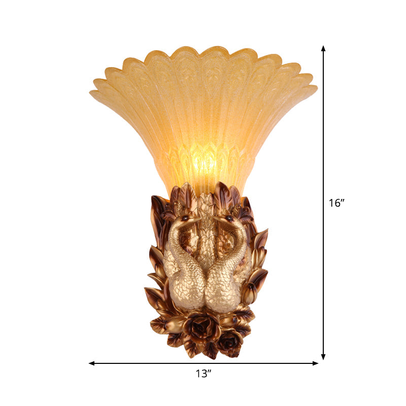 Peacock Bedroom Wall Sconce Light Vintage Resin Single Head Gold Wall Lighting Fixture with Ribbed Amber Glass Shade Clearhalo 'Wall Lamps & Sconces' 'Wall Lights' Lighting' 1907426