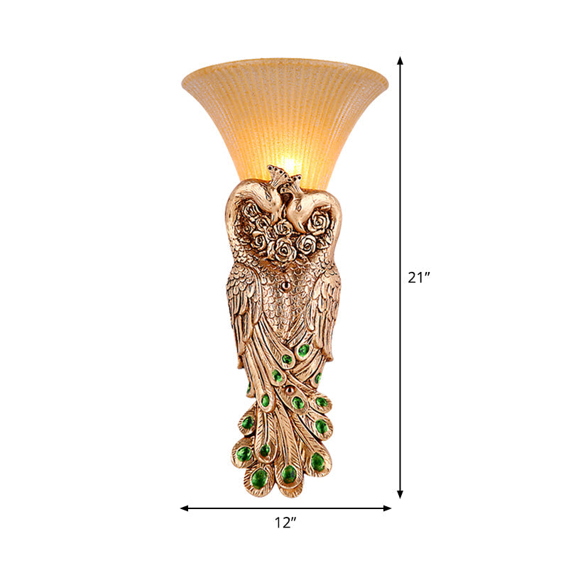 Single Head Wall Sconce Countryside Inverted Cone Amber Fluted Glass Wall Mounted Lamp with Peacock Decor in Gold Clearhalo 'Wall Lamps & Sconces' 'Wall Lights' Lighting' 1907432