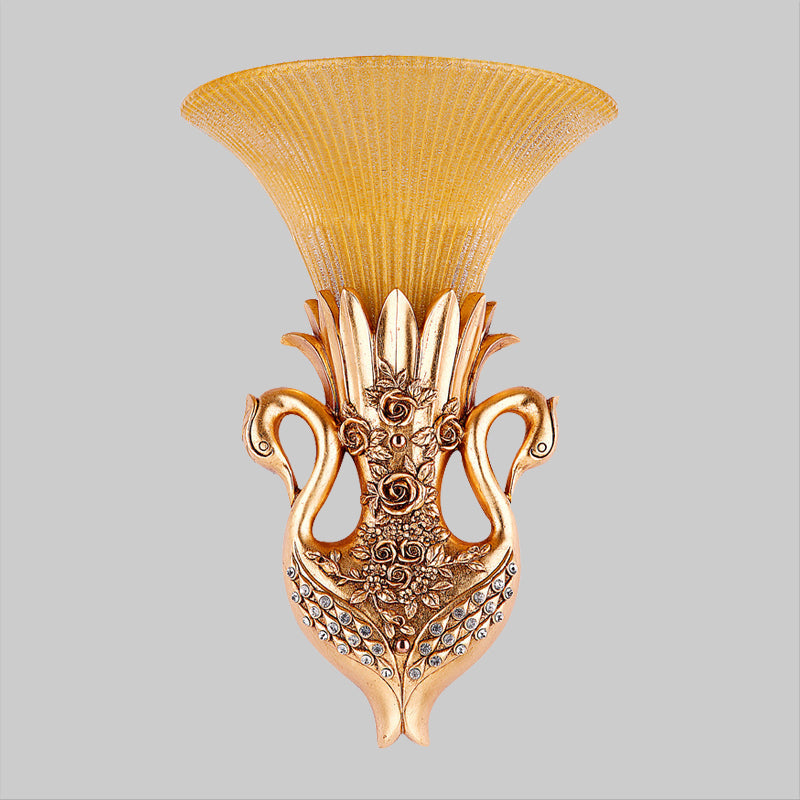 Dual Swan Sitting Room Sconce Lamp Farmhouse Resin Single Bulb Gold Wall Lighting Idea with Fluted Glass Shade Clearhalo 'Wall Lamps & Sconces' 'Wall Lights' Lighting' 1907437