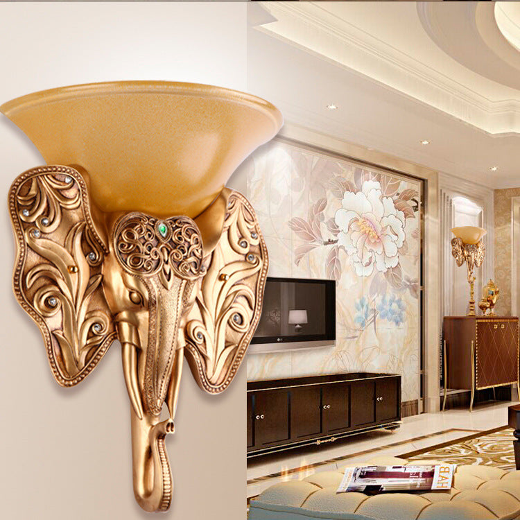 Gold Single Light Wall Lamp Warehouse Amber Glass Wide Bell Wall Lighting Fixture with Elephant Head Design Clearhalo 'Wall Lamps & Sconces' 'Wall Lights' Lighting' 1907439