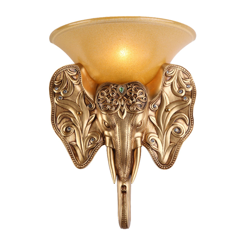 Gold Single Light Wall Lamp Warehouse Amber Glass Wide Bell Wall Lighting Fixture with Elephant Head Design Clearhalo 'Wall Lamps & Sconces' 'Wall Lights' Lighting' 1907442