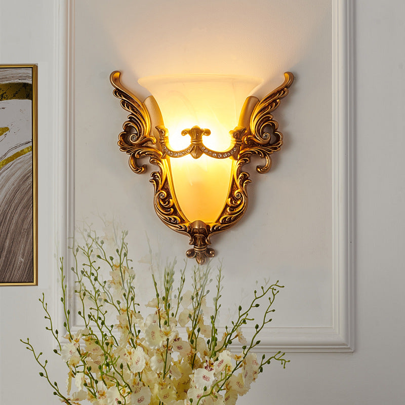 Opal Glass Gold Wall Sconce Elongated Bell 1-Bulb Cottage Wall Mounted Lighting for Living Room Clearhalo 'Wall Lamps & Sconces' 'Wall Lights' Lighting' 1907451