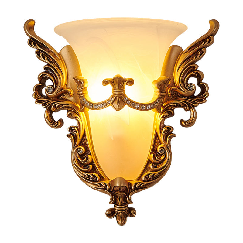 Opal Glass Gold Wall Sconce Elongated Bell 1-Bulb Cottage Wall Mounted Lighting for Living Room Clearhalo 'Wall Lamps & Sconces' 'Wall Lights' Lighting' 1907454