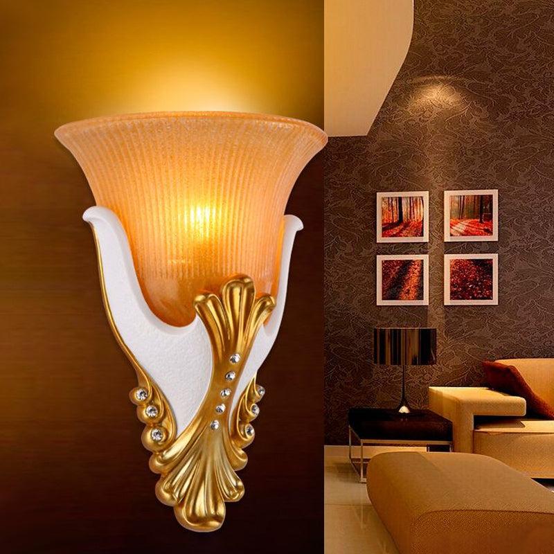 1 Light Wall Sconce Lighting Rural Bell Shape Yellow/White Fluted Glass Wall Mounted Lamp for Bedroom, 9.5