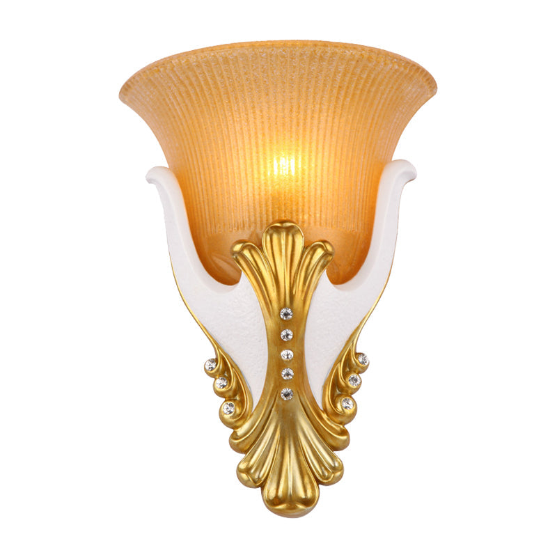 1 Light Wall Sconce Lighting Rural Bell Shape Yellow/White Fluted Glass Wall Mounted Lamp for Bedroom, 9.5