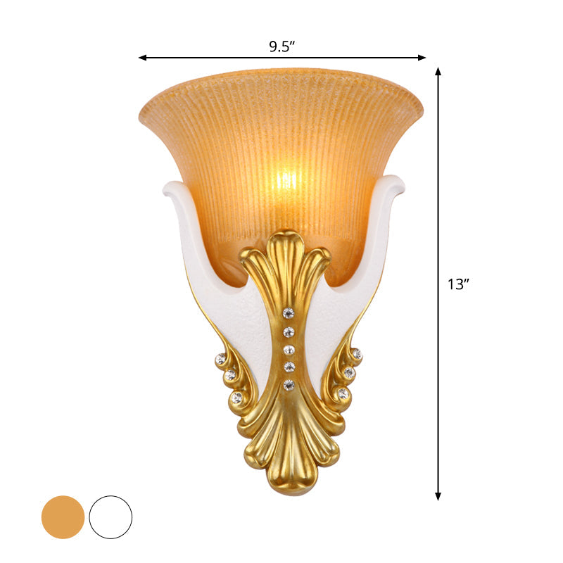 1 Light Wall Sconce Lighting Rural Bell Shape Yellow/White Fluted Glass Wall Mounted Lamp for Bedroom, 9.5