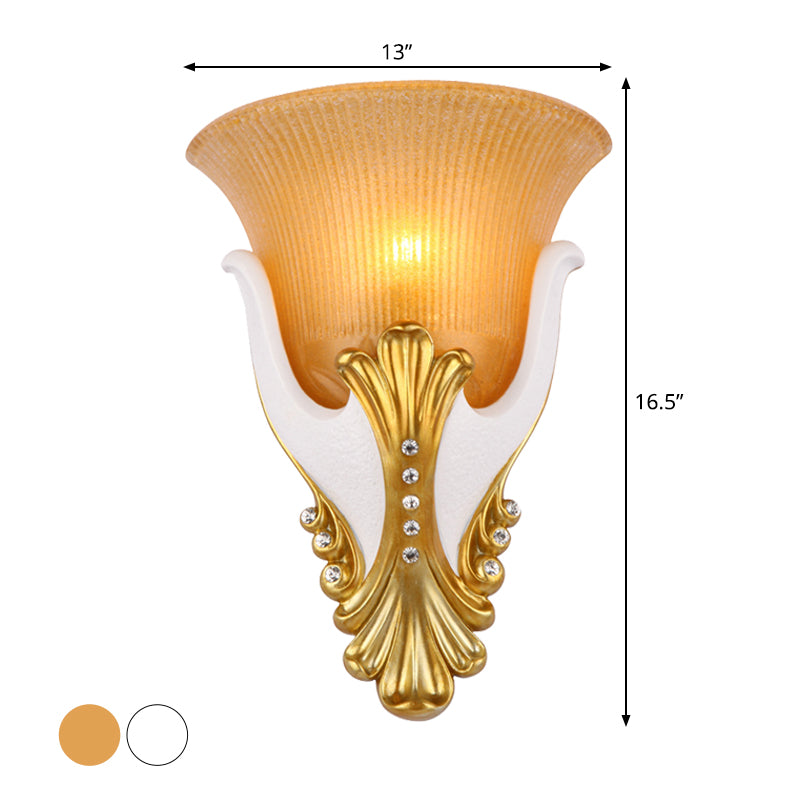 1 Light Wall Sconce Lighting Rural Bell Shape Yellow/White Fluted Glass Wall Mounted Lamp for Bedroom, 9.5