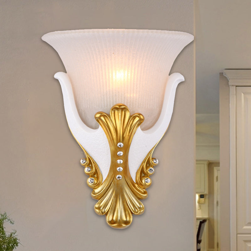 1 Light Wall Sconce Lighting Rural Bell Shape Yellow/White Fluted Glass Wall Mounted Lamp for Bedroom, 9.5