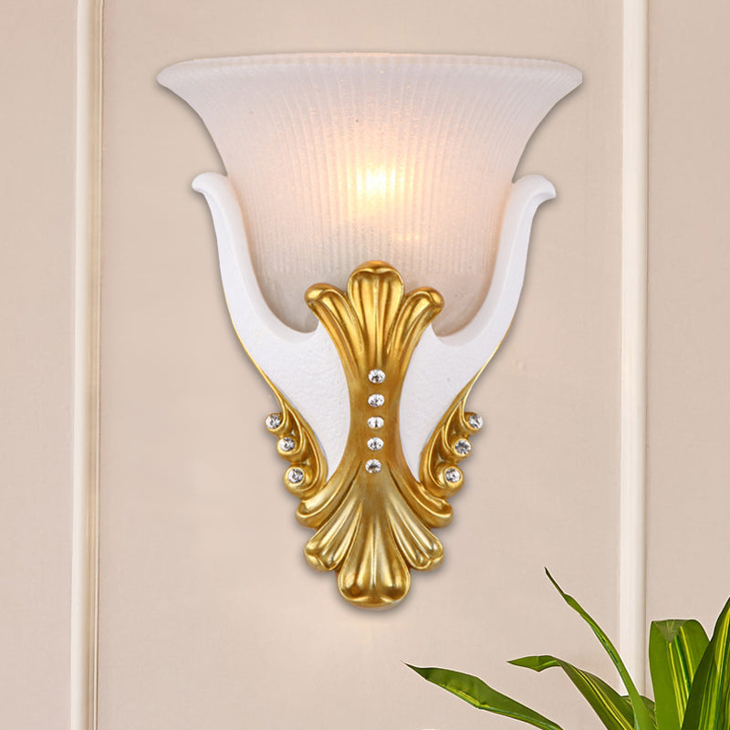 1 Light Wall Sconce Lighting Rural Bell Shape Yellow/White Fluted Glass Wall Mounted Lamp for Bedroom, 9.5