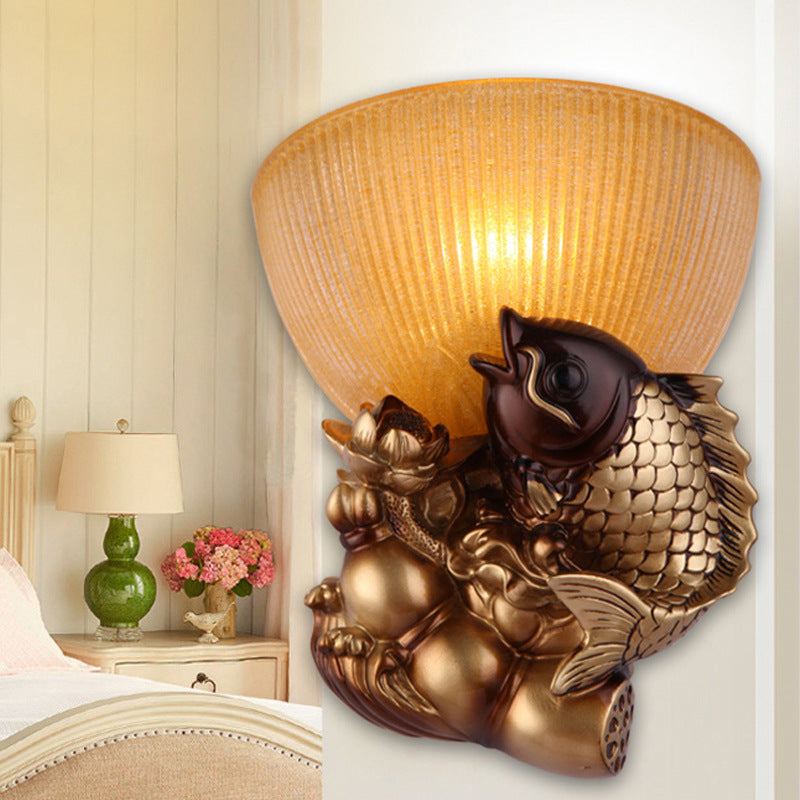 Bowl Bedside Wall Lamp Rustic Style Amber Glass 1 Head Gold Wall Lighting Idea with Fish and Lotus Decor Gold Clearhalo 'Wall Lamps & Sconces' 'Wall Lights' Lighting' 1907471