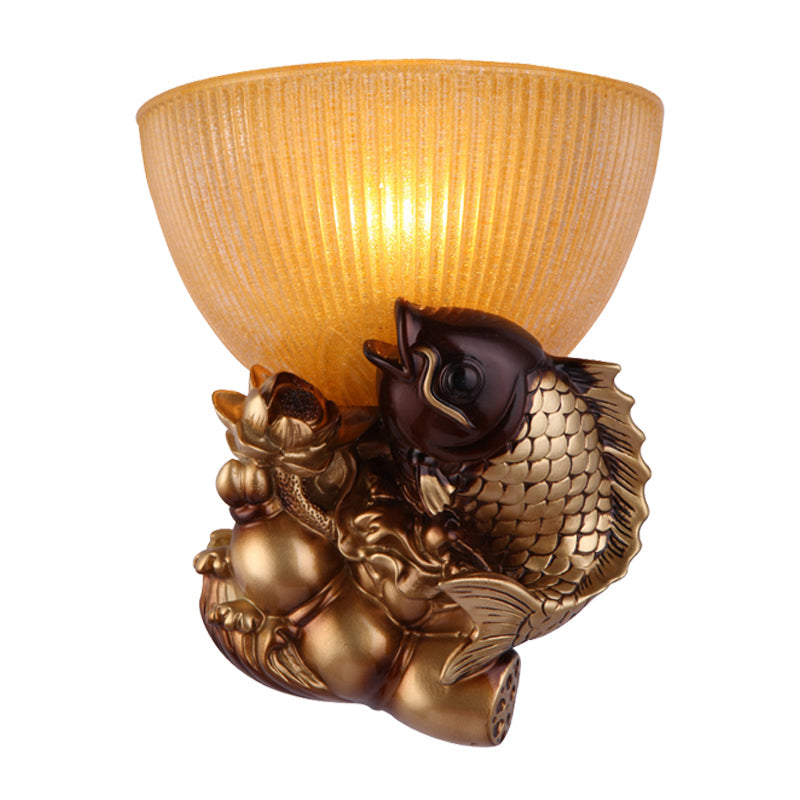 Bowl Bedside Wall Lamp Rustic Style Amber Glass 1 Head Gold Wall Lighting Idea with Fish and Lotus Decor Clearhalo 'Wall Lamps & Sconces' 'Wall Lights' Lighting' 1907472