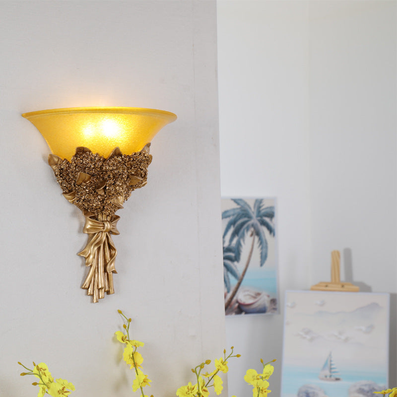 Vintage Wide Bell Wall Mounted Lamp 1 Light Amber/Milky Glass Bouquet Wall Lighting Fixture in Gold/Multi-Color Clearhalo 'Wall Lamps & Sconces' 'Wall Lights' Lighting' 1907481