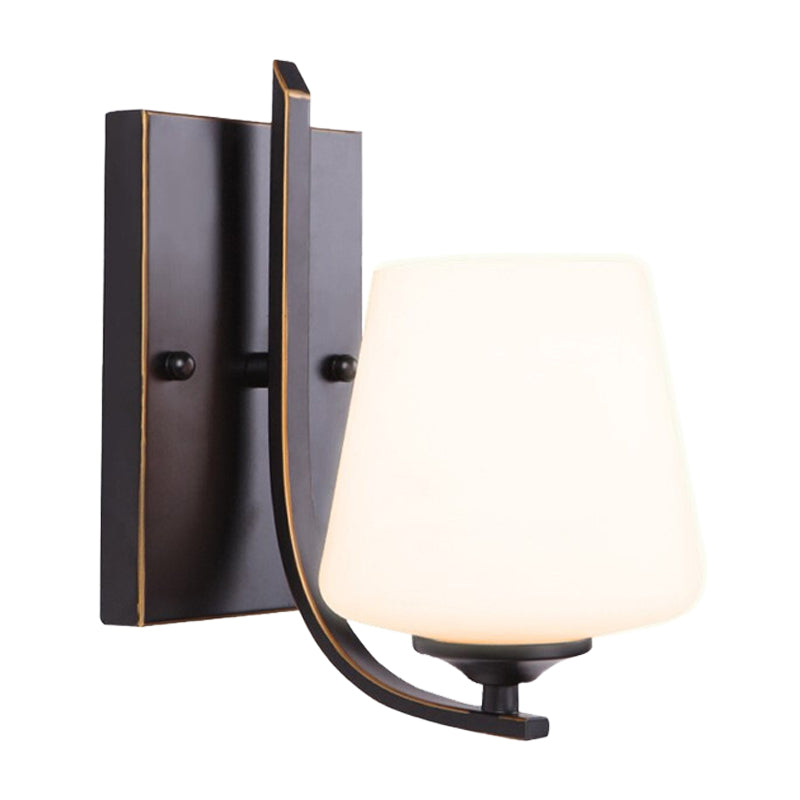 White Glass Black Sconce Lamp Cup-Like Single Bulb Retro Style Wall Mounted Lighting with Rectangle Metal Backplate Clearhalo 'Wall Lamps & Sconces' 'Wall Lights' Lighting' 1907501