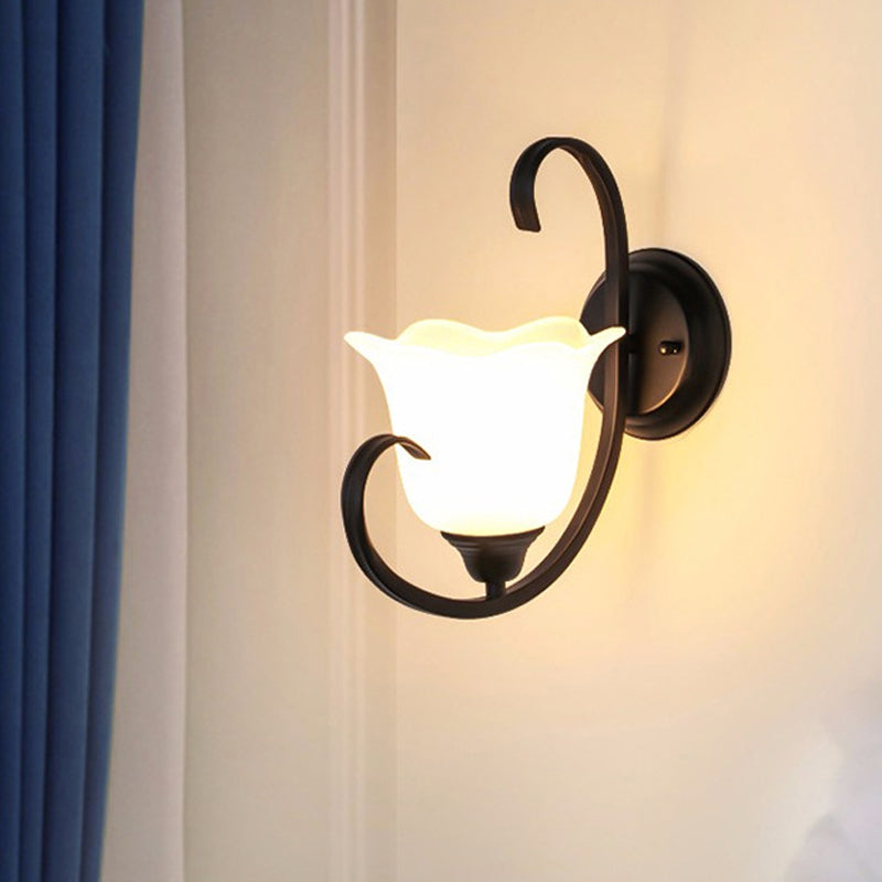 Floral Drawing Room Wall Sconce Country Milky Glass Single Light Black Wall Lighting Idea with Scroll Arm Clearhalo 'Wall Lamps & Sconces' 'Wall Lights' Lighting' 1907505