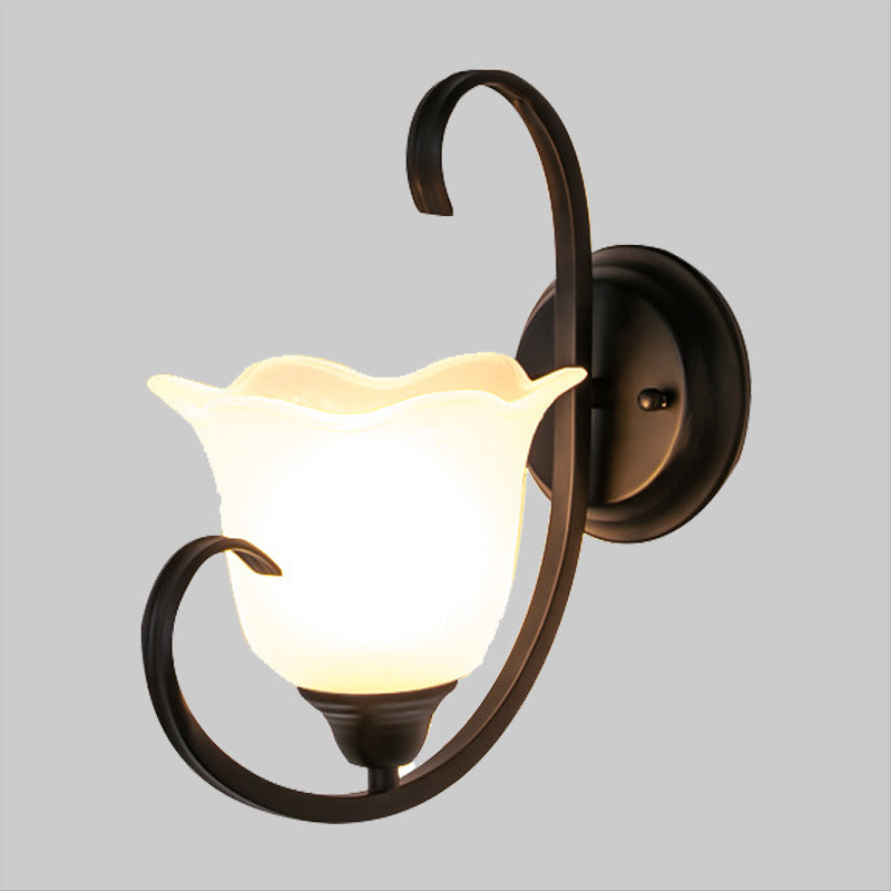 Floral Drawing Room Wall Sconce Country Milky Glass Single Light Black Wall Lighting Idea with Scroll Arm Clearhalo 'Wall Lamps & Sconces' 'Wall Lights' Lighting' 1907508