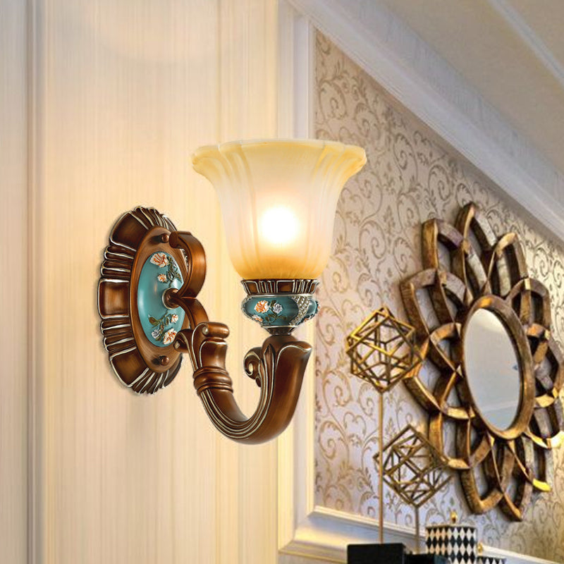 Brown 1-Head Wall Mounted Light Farmhouse Opaline Glass Blossom Etching Pattern Wall Sconce Lighting Clearhalo 'Wall Lamps & Sconces' 'Wall Lights' Lighting' 1907511