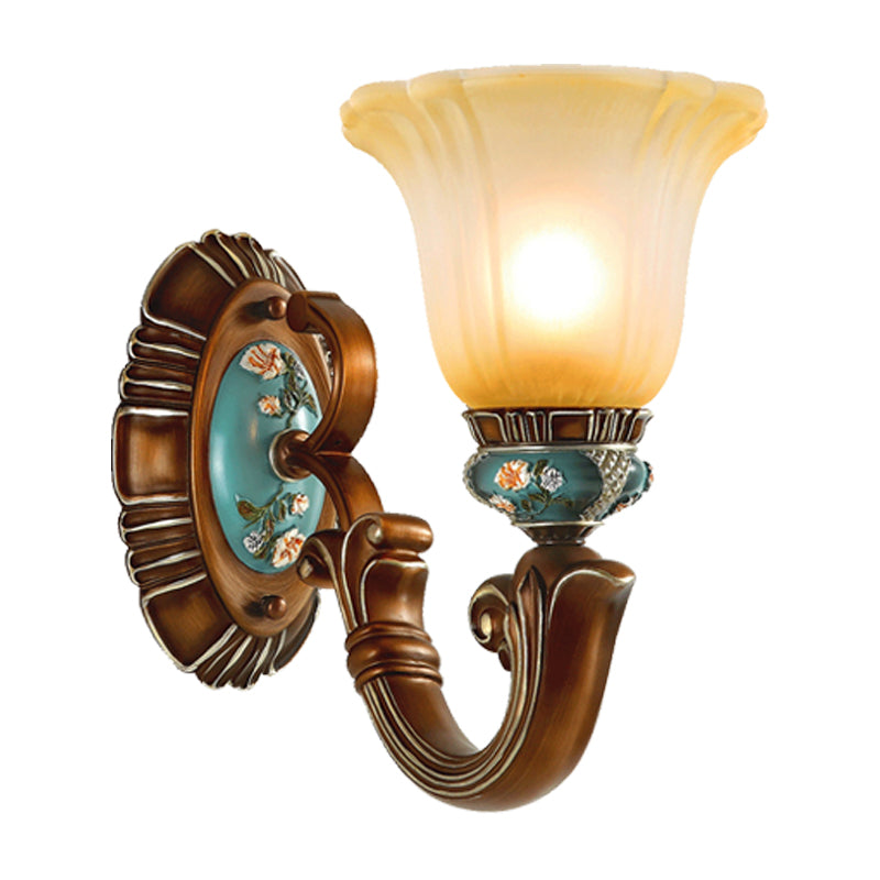 Brown 1-Head Wall Mounted Light Farmhouse Opaline Glass Blossom Etching Pattern Wall Sconce Lighting Clearhalo 'Wall Lamps & Sconces' 'Wall Lights' Lighting' 1907513