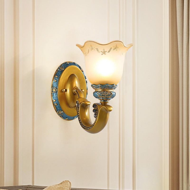 Frosted Glass Gold Wall Lamp Printed Flower 1-Bulb Warehouse Wall Mounted Lighting for Corridor Gold Clearhalo 'Wall Lamps & Sconces' 'Wall Lights' Lighting' 1907518