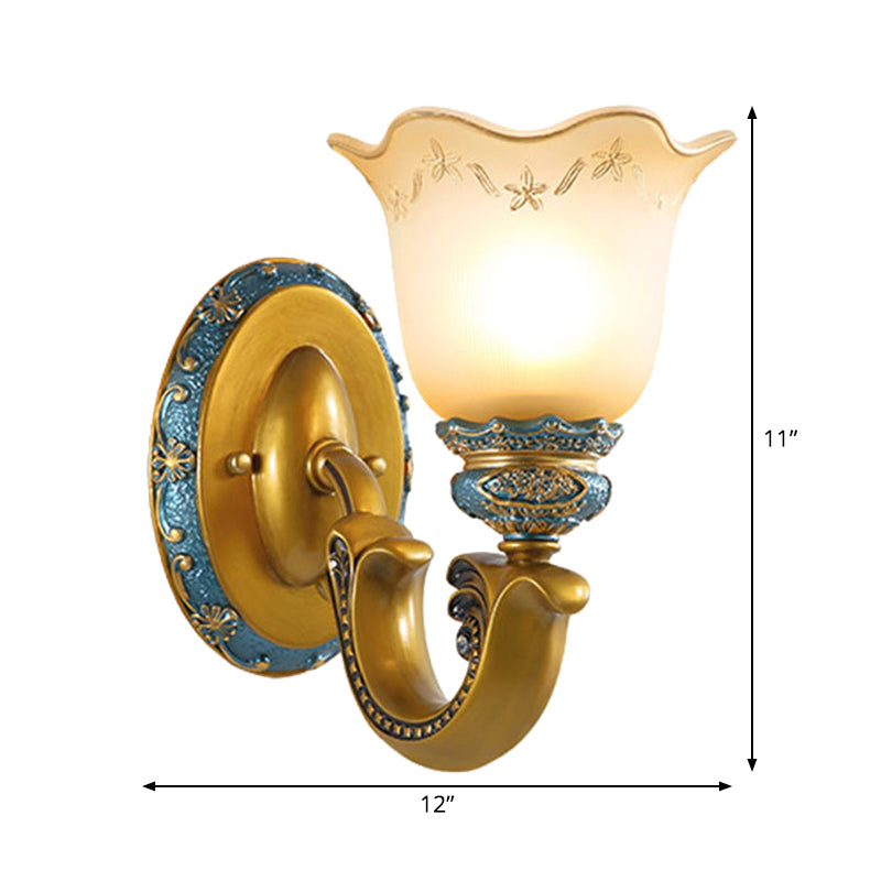 Frosted Glass Gold Wall Lamp Printed Flower 1-Bulb Warehouse Wall Mounted Lighting for Corridor Clearhalo 'Wall Lamps & Sconces' 'Wall Lights' Lighting' 1907521