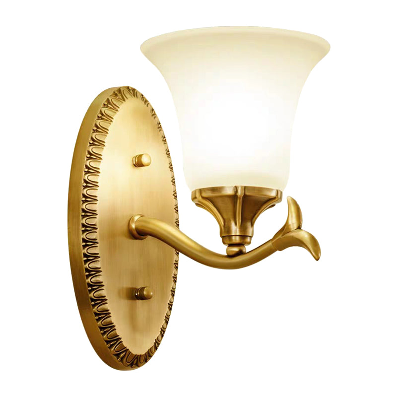 Countryside Bell Wall Lighting 1/2-Light Cream Glass Wall Mounted Lamp with Oval Backplate in Brass Clearhalo 'Wall Lamps & Sconces' 'Wall Lights' Lighting' 1907525