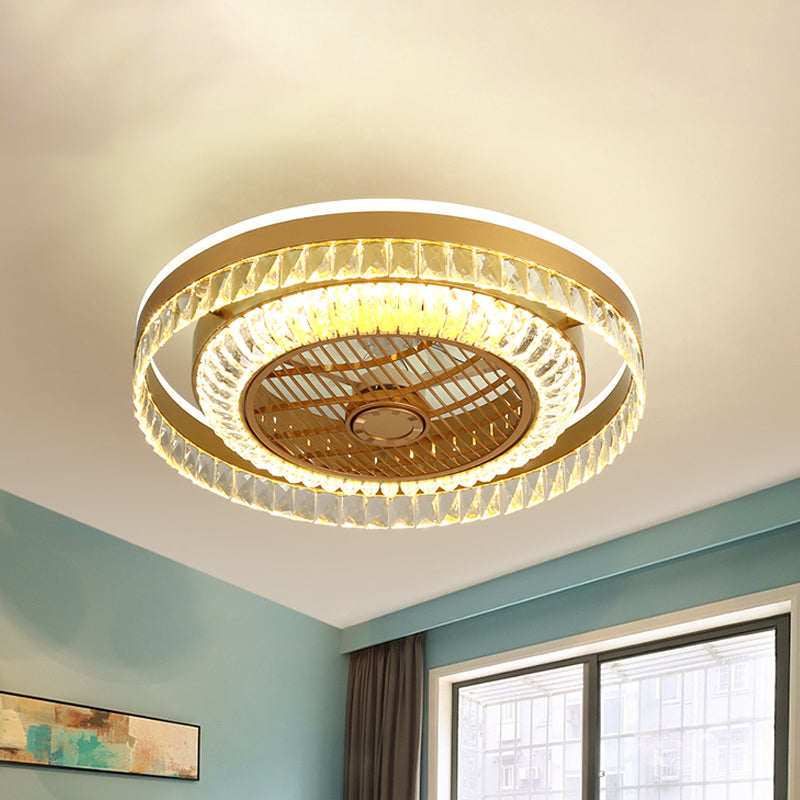 Round Living Room Ceiling Fan Lamp Crystal Block LED Modernist 4 Blades Semi Flush Light in Gold, 23.5