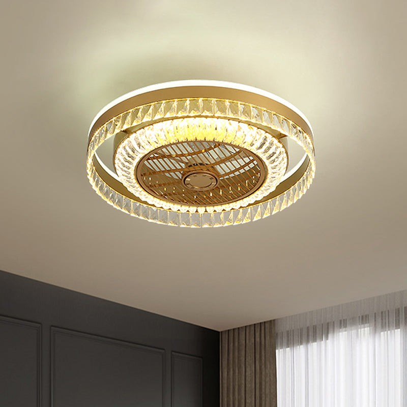 Round Living Room Ceiling Fan Lamp Crystal Block LED Modernist 4 Blades Semi Flush Light in Gold, 23.5