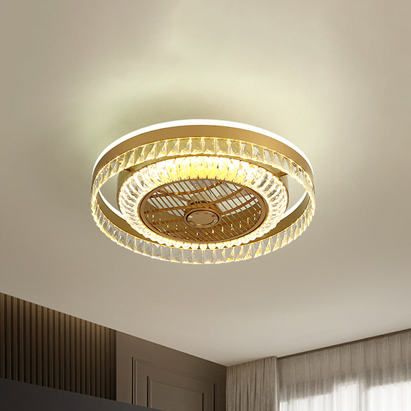 Round Living Room Ceiling Fan Lamp Crystal Block LED Modernist 4 Blades Semi Flush Light in Gold, 23.5