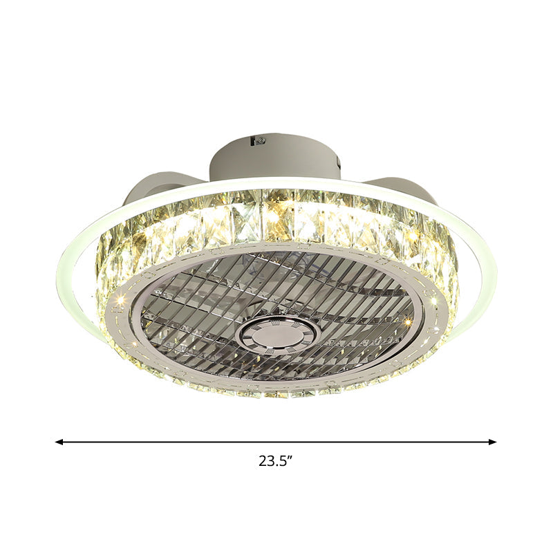 Chrome LED Round Semi Mount Lighting Minimalist Crystal Block Pendant Fan Lamp Fixture, 23.5