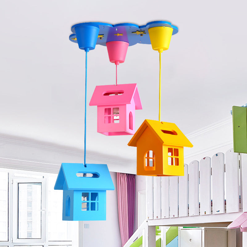 Houselet Playing Room Multi Pendant Wood 3 Bulbs Kids Style Ceiling Suspension Lamp in Blue-Pink-Yellow Blue-Pink-Yellow Clearhalo 'Ceiling Lights' 'Close To Ceiling Lights' 'Glass shade' 'Glass' 'Pendant Lights' 'Pendants' Lighting' 1908200