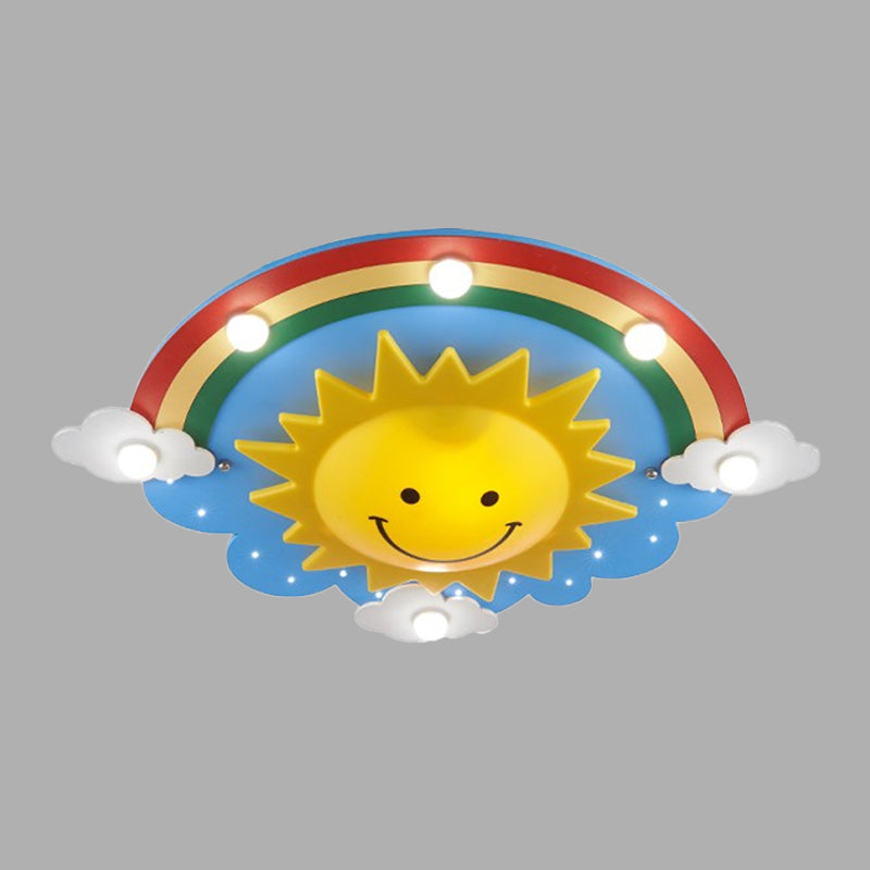 Wood Rainbow and Sun Ceiling Flush Cartoon Style 6 Heads Yellow Flush Mount Lamp Fixture Clearhalo 'Ceiling Lights' 'Close To Ceiling Lights' 'Close to ceiling' 'Flush mount' Lighting' 1908218