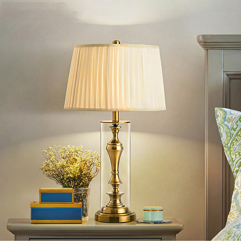 Gold 1 Light Night Table Light Countryside Fabric Empire Shade Nightstand Lamp with Metal Candlestick Base Clearhalo 'Lamps' 'Table Lamps' Lighting' 1908696