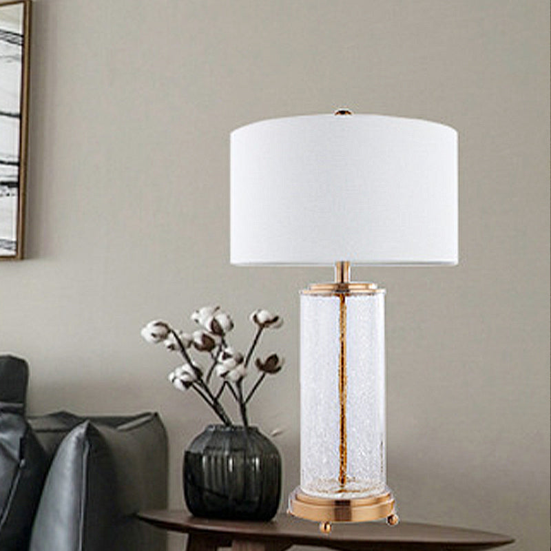White Round Night Table Lamp Classic Fabric 1-Light Bedroom Nightstand Light with Clear Crackle Glass Cylinder Base Clearhalo 'Lamps' 'Table Lamps' Lighting' 1908701