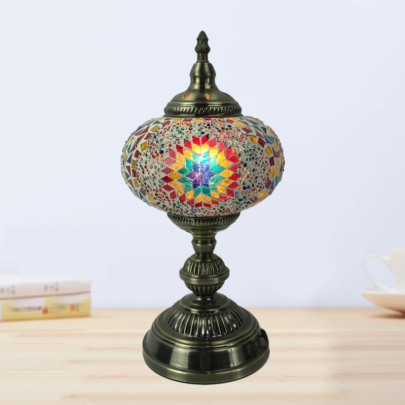 1 Head Bedroom Table Lamp Vintage Bronze Task Lighting with Spherical Red/Blue/Multi-Color Glass Shade Clearhalo 'Lamps' 'Table Lamps' Lighting' 1908773