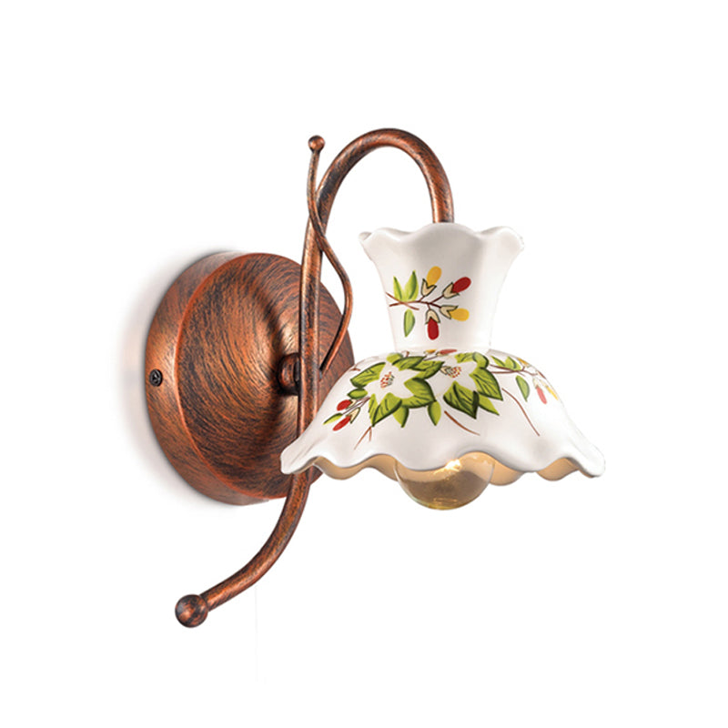 Farmhouse Scalloped Sconce 1 Bulb Flower Patterned Ceramic Wall Lamp in White with Weather Copper Gooseneck Arm, Left/Right Clearhalo 'Wall Lamps & Sconces' 'Wall Lights' Lighting' 1908839