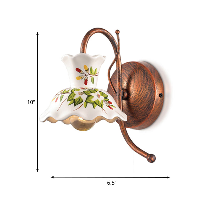 Farmhouse Scalloped Sconce 1 Bulb Flower Patterned Ceramic Wall Lamp in White with Weather Copper Gooseneck Arm, Left/Right Clearhalo 'Wall Lamps & Sconces' 'Wall Lights' Lighting' 1908843